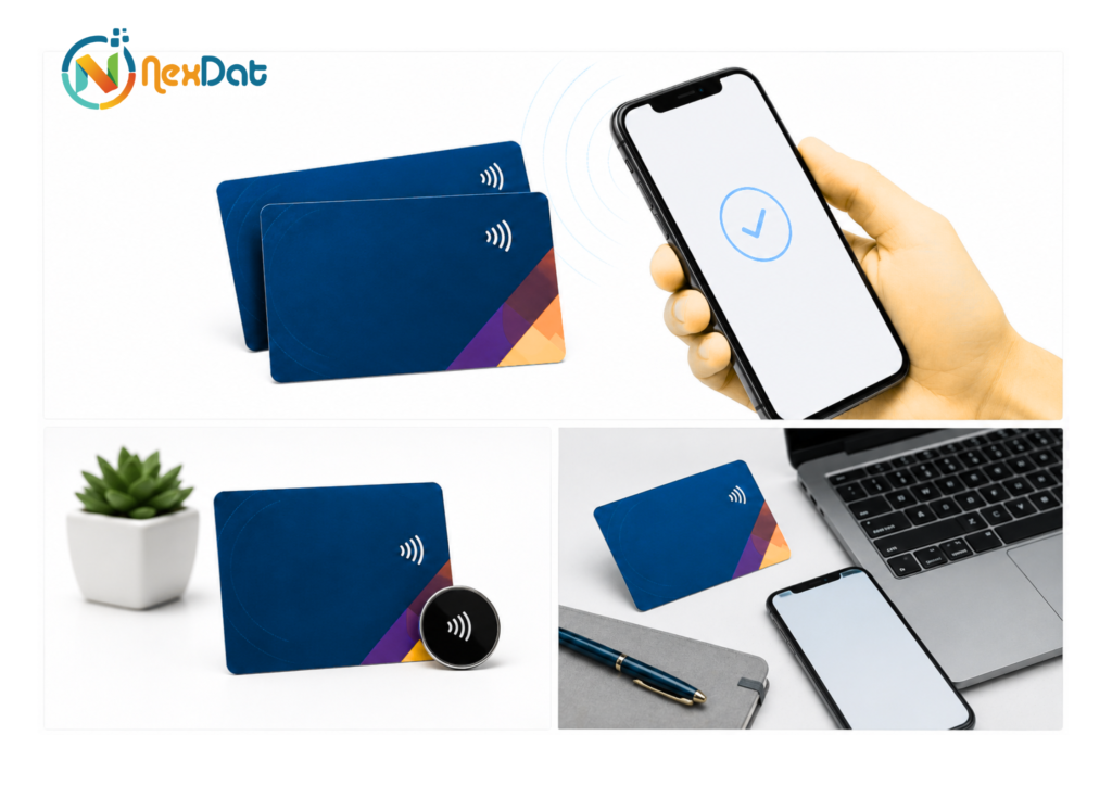 Smart Custom NFC Business Cards UK with mobile phone displaying digital business information