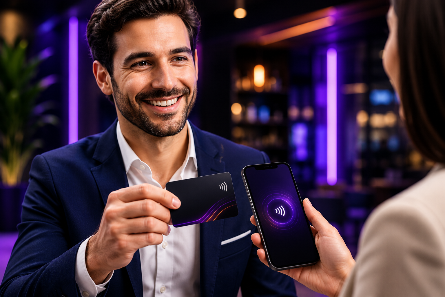 A modern customer smiling while using a smartphone, with a stylish NFC business card on a desk or being handed over, dark premium office background, modern business feel