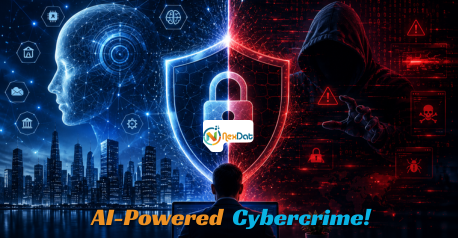 A dramatic AI-powered-cybercrime scene protects a business through futuristic security.