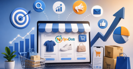 A clean 3D illustration of eCommerce growth and digital marketing success.