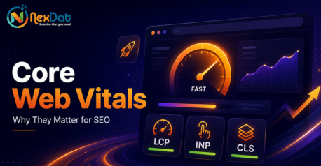 Illustration of Core Web Vitals showing LCP, INP and CLS with website speed and SEO performance visuals.